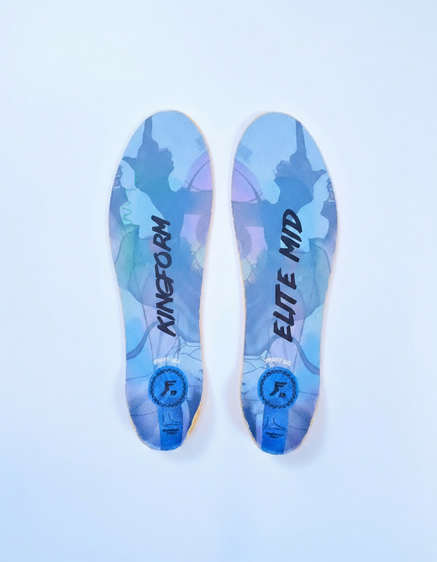 Pair of blue and purple insoles with 'Kingfoil' and 'Elite Mid' branding on a light blue background.