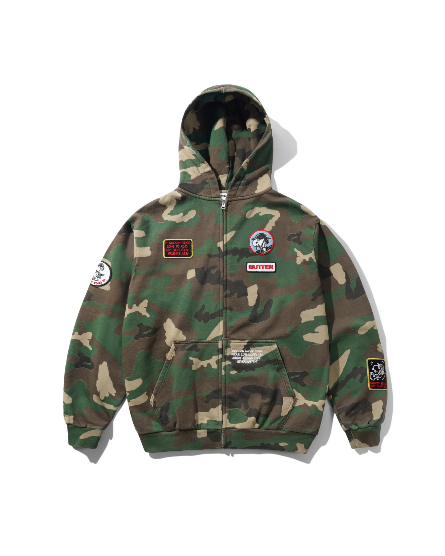 BUTTER GOODS | PEANUTS Patches Zip-Thru Hood - Washed Camo