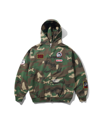 BUTTER GOODS | PEANUTS Patches Zip-Thru Hood - Washed Camo