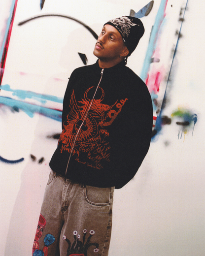 BUTTER GOODS | DANIEL JOHNSTON Dragon Knit Zip Thru Sweater - Black/Red
