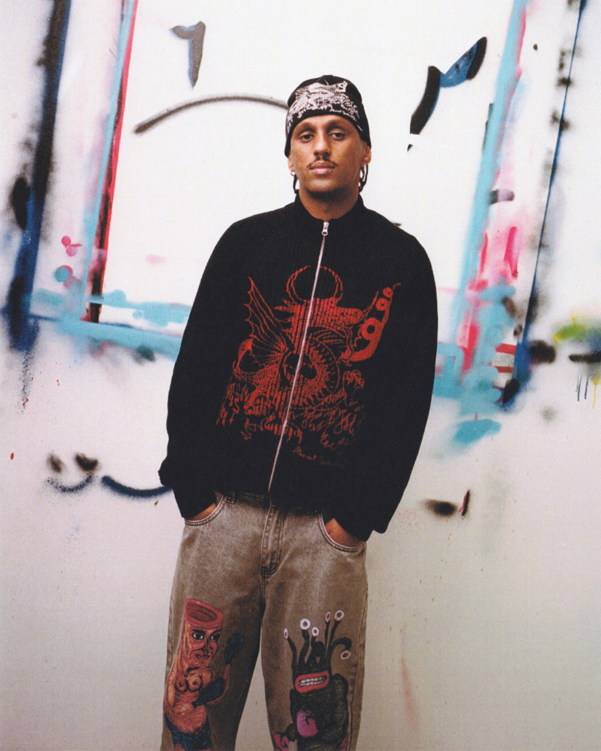BUTTER GOODS | DANIEL JOHNSTON Dragon Knit Zip Thru Sweater - Black/Red